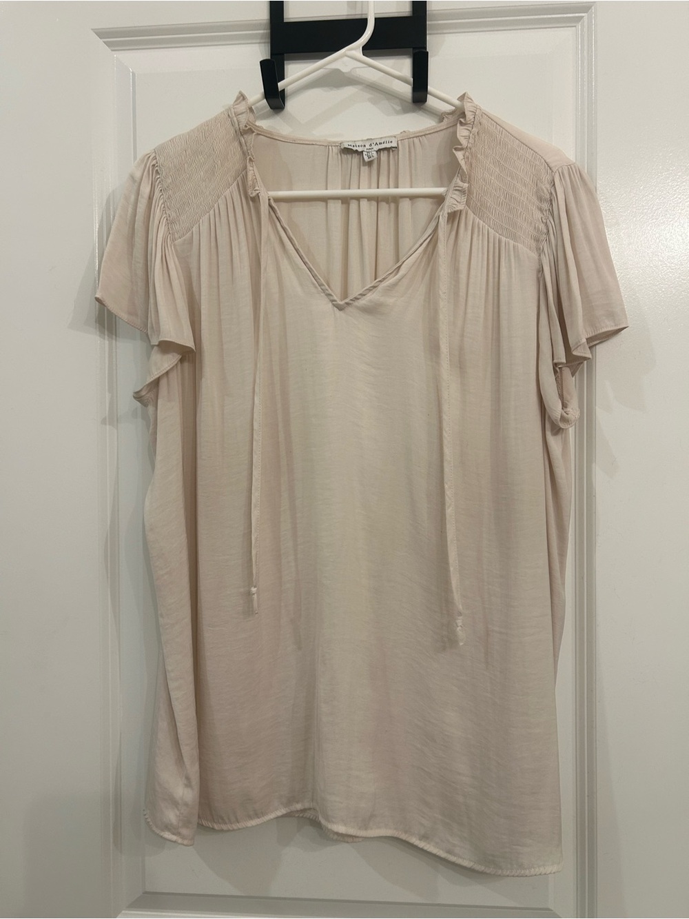 Smocked Shoulder Cream V-Neck Flutter Sleeve Blouse